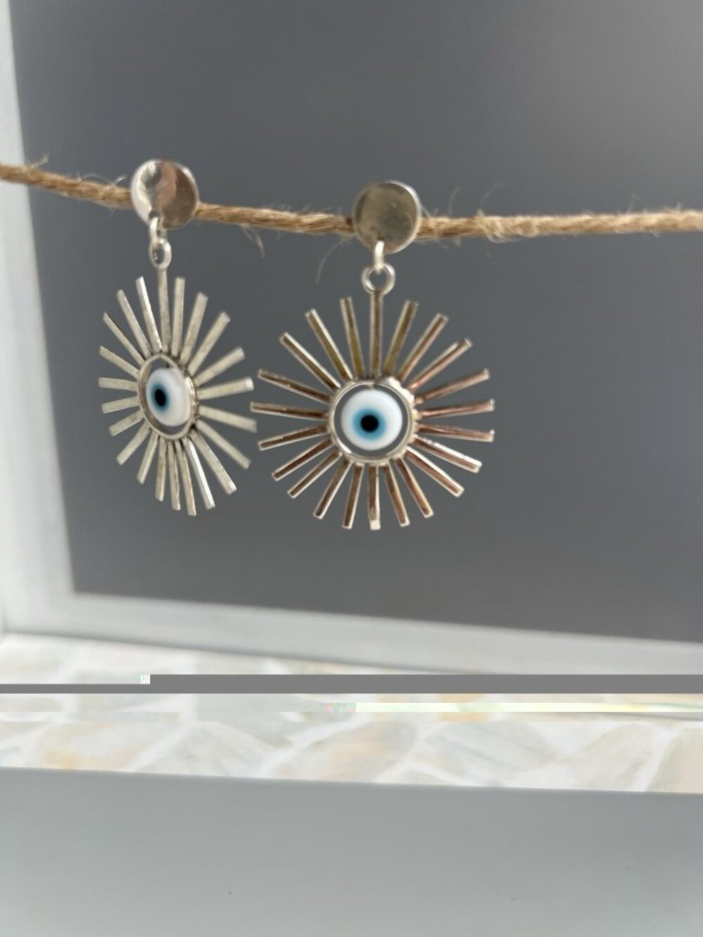 Handcrafted 925 Sterling Silver Evil Eye Sunburst Dangle Earrings